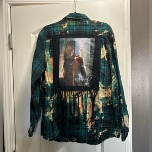 Large One of a Kind Miley Cyrus Green and Black Plaid Fringe Flannel